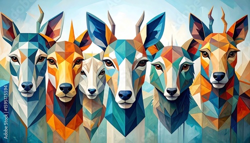 Geometric Deer Herd: Colorful Polygonal Animal Art with Mountain Backdrop