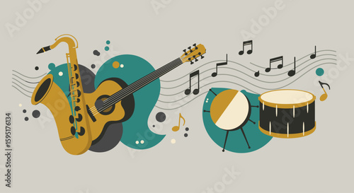 An abstract flat design illustration representing the diverse musical performances and rhythmic energy of the Festival