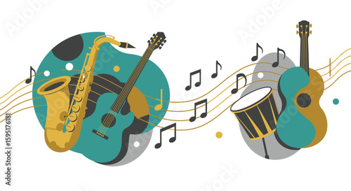 An abstract flat design illustration representing the diverse musical performances and rhythmic energy of the Festival