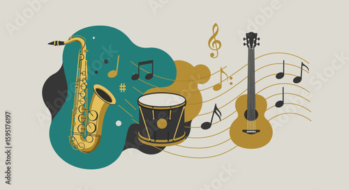 An abstract flat design illustration representing the diverse musical performances and rhythmic energy of the Festival