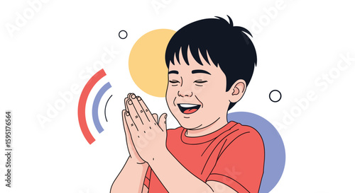 Joyful child clapping hands with excitement expressing happiness and positive emotions in a colorful and vibrant illustration with sound waves and abstract shapes