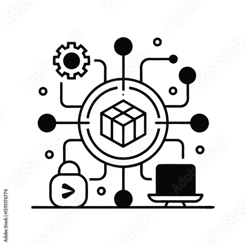 
 Abstract network diagram with cube gear lock laptop and checkmark isolated on white background
