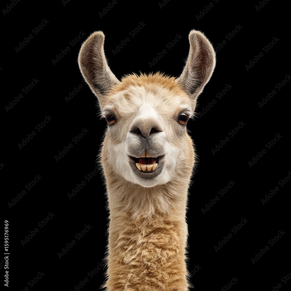 Obraz premium Friendly llama portrait with bright eyes and cheerful expression against a dark background highlighting its unique features and personality