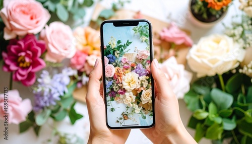 Hands holding smartphone displaying vibrant floral bouquet amidst real flowers