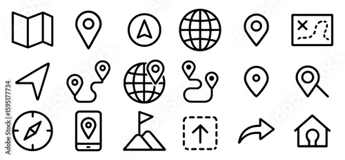 Collection of navigation icons including map, location pin, globe and compass