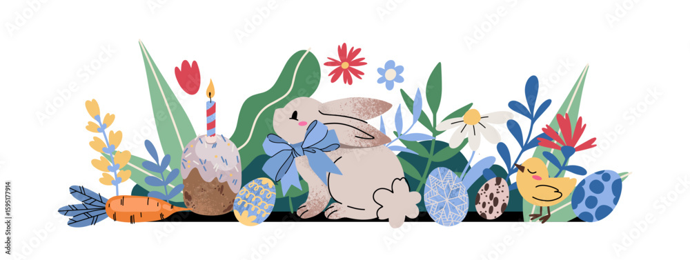 Obraz premium Happy Easter. Cute rabbits, chicken, Easter cakes, ribbons, eggs and spring flowers. Blue banner for celebration and Easter greetings. Flat Vector