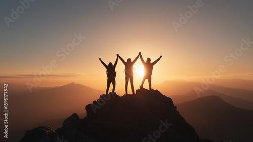 Together overcoming obstacles with three people holding hands up in the air on mountain top , celebrating success and achievements 