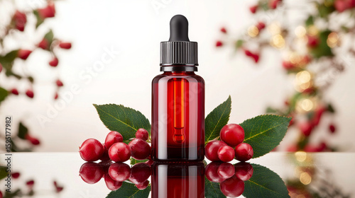 Vitamin rich face serum with rosehip seed oil, offering natural glow, is showcased red glass dropper bottle surrounded by fresh rosehip berries and green leaves, exuding sense of purity