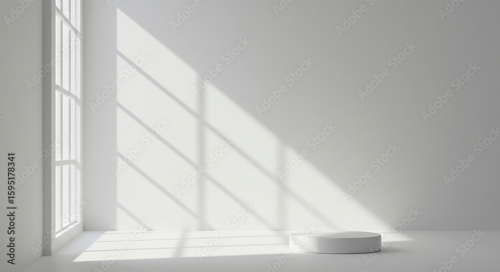 Obraz premium Sunlight filtering through window bars into a minimalist interior.