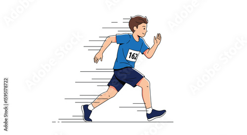 Young athletic boy in a blue t-shirt and shorts running fast in a race with motion blur effect showing speed and energy on white background illustration