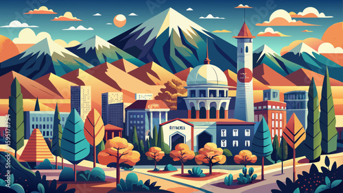 Bishkek, Kyrgyzstan – Soviet grid meets leafy streets and mountain horizons. Calm city life framed by rugged nature makes for a scenic, grounded vector