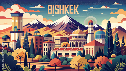Bishkek, Kyrgyzstan – Soviet grid meets leafy streets and mountain horizons. Calm city life framed by rugged nature makes for a scenic, grounded vector
