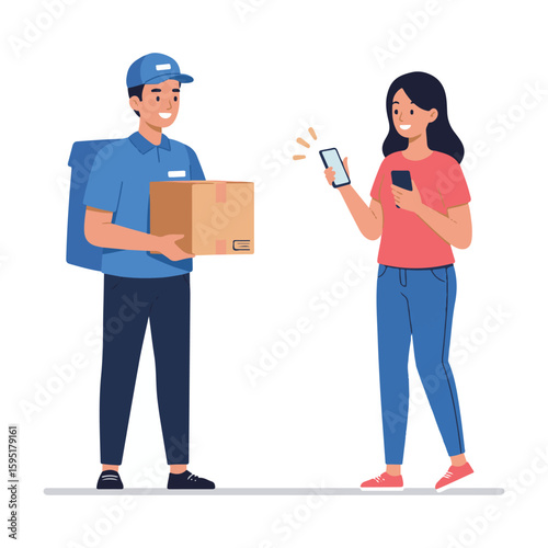 Smiling courier delivering box to couple