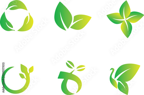 Six green and yellow leaf-based designs, including a recycle symbol and abstract floral shapes, arranged on a white background.