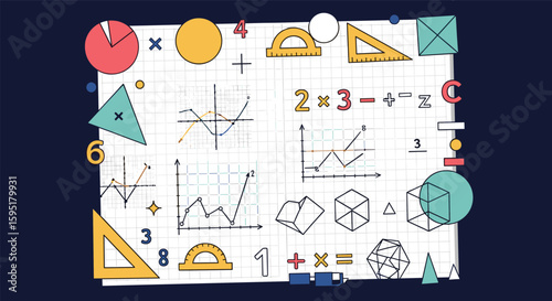 Exploring geometric shapes algebraic equations and data analysis concepts in educational illustration