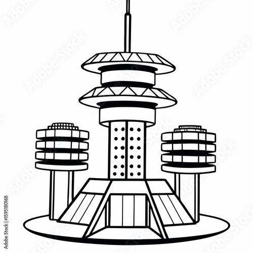 Line art of a futuristic sci-fi building with layered structures and geometric patterns, no colors, only black lines