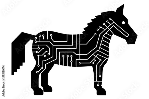 Trojan Horse Silhouette with Circuit Board Vector Design on White Background
