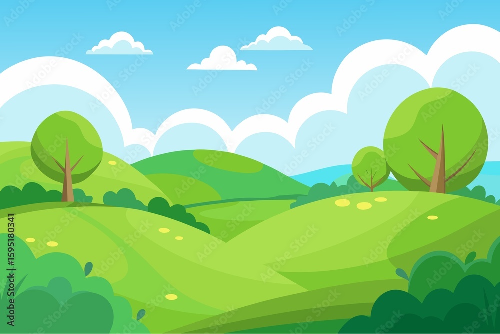 Fototapeta premium Cartoon Landscape with Green Hills Trees and a Blue Sky with Clouds