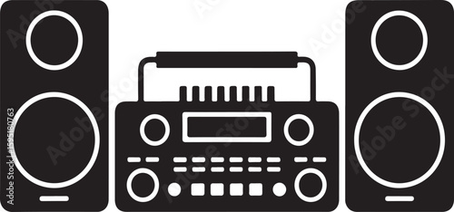 Retro boombox with two speakers in a clean black and white silhouette