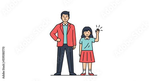 A man and a young girl stand together one waving happily to the viewer
