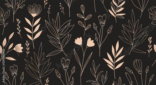 Elegant botanical illustration of delicate flowers and leaves in a sophisticated dark palette