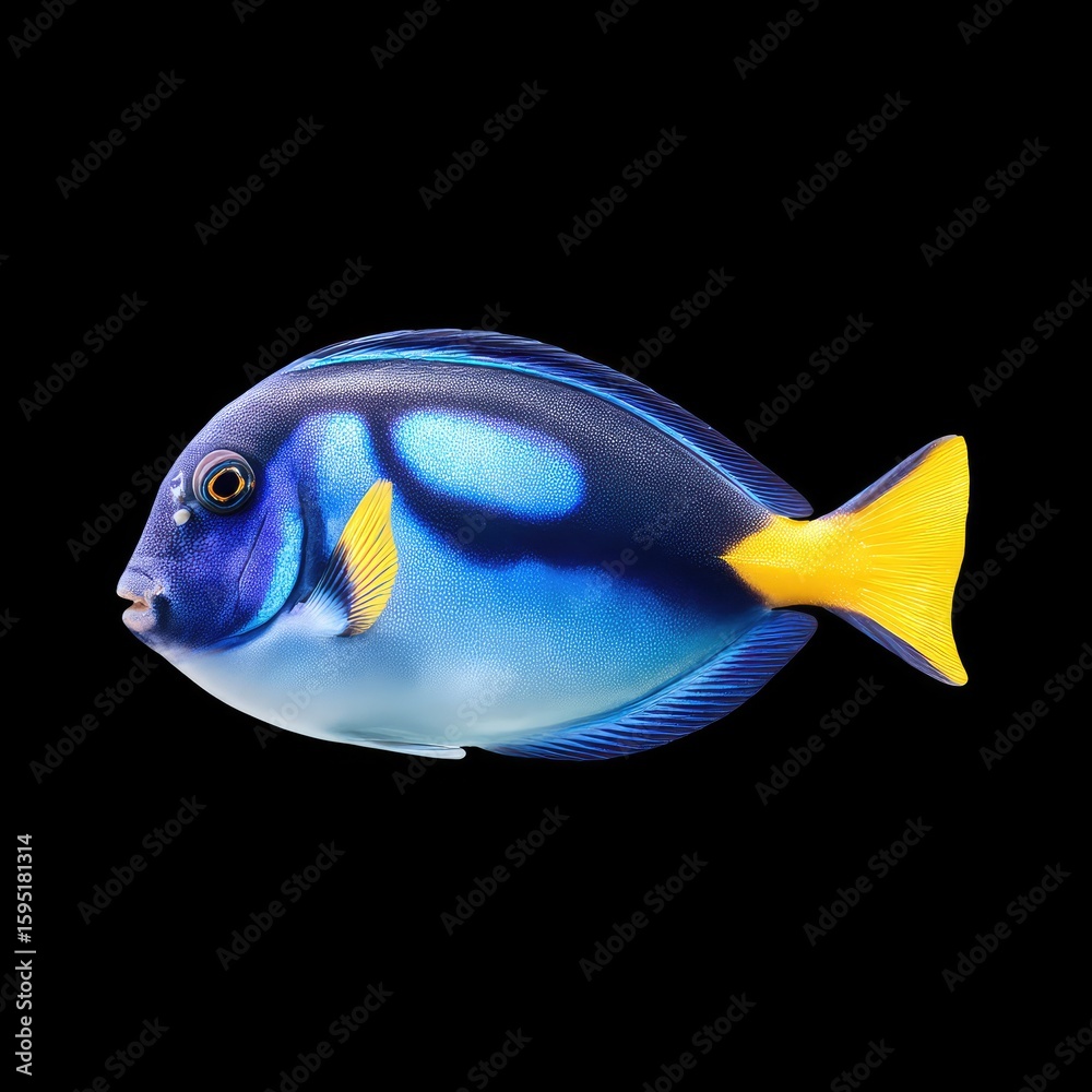 Naklejka premium Vibrant Tropical Fish with Blue and Yellow Coloration Swimming Gracefully in Deep Ocean Waters