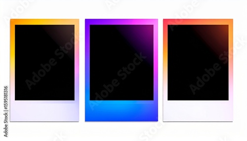 Three Blank Instant Photo Frames with Gradient Borders on White Background