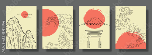 Japanese Traditional Ink Art Poster Set – Mount Fuji, Waves, Torii Gate and Clouds with Red Sun