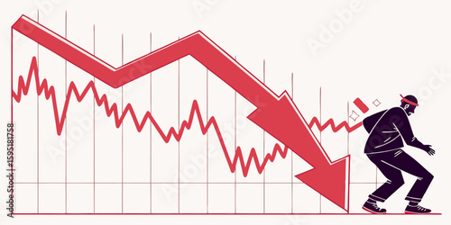 Worried man is getting hit by a declining arrow and graph on a grid