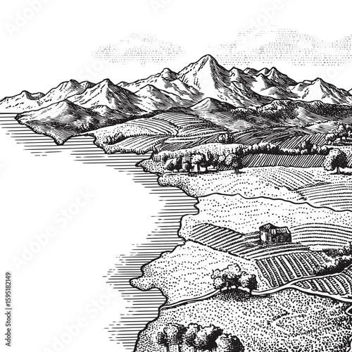 Detailed vintage map illustration of mountainous landscape and river  
