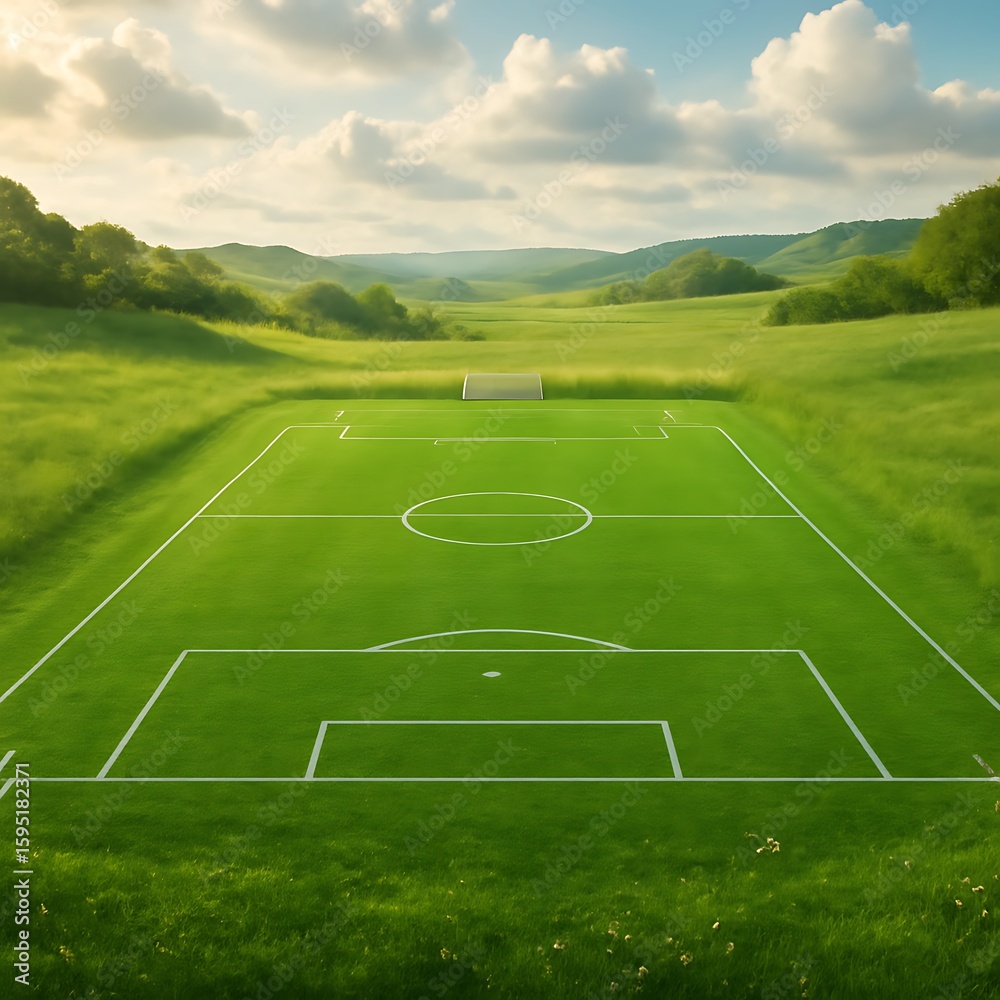 Obraz premium Pristine Soccer Field Nestled in a Lush Rural Landscape