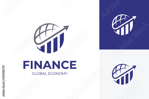 Finance Logo with Global Arrow and Bar Chart Concept for financial growth, international economy, economic consultants and global business development.