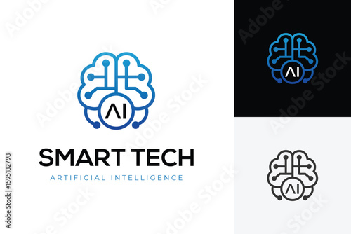 Artificial Intelligence logo with brain circuit and AI symbol for smart technology, machine learning, and data innovation. vctor graphic symbol