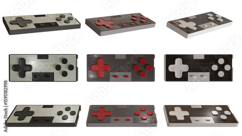 Set of retro gamepads for old gaming consoles in different angles and in different colors, isolated on a transparent background. 3D rendering.