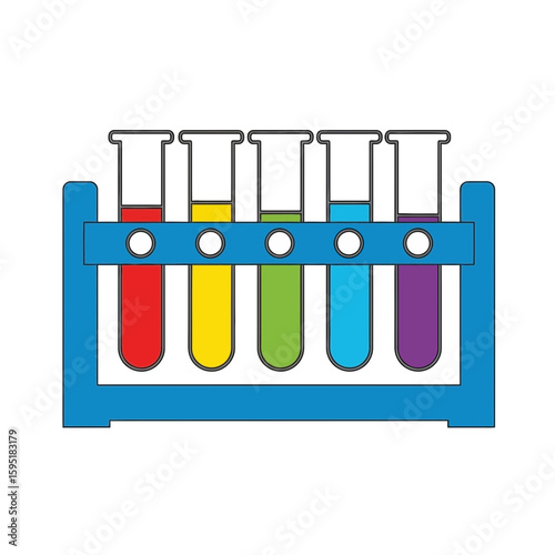 Test tubes with colorful liquids in a blue rack on a white background.