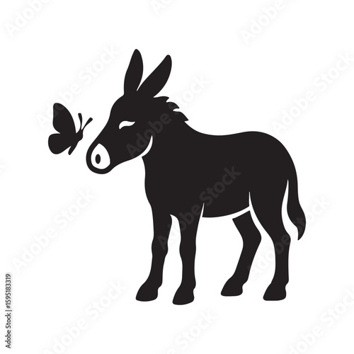 Black silhouette of a donkey with closed eyes looking at a butterfly on a white background image