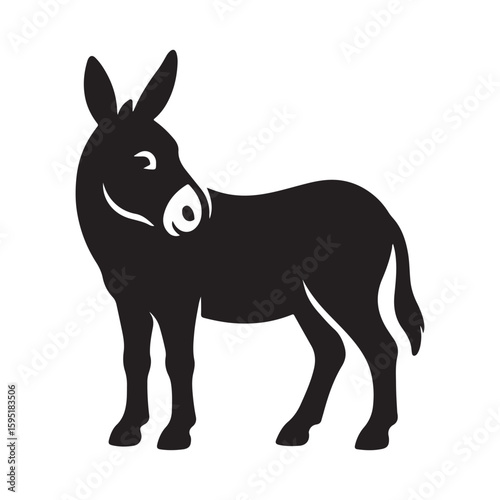 A black silhouette of a donkey standing with its head turned to the side on a white background