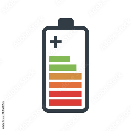 Battery icon with color bars indicating charge level on a white background.