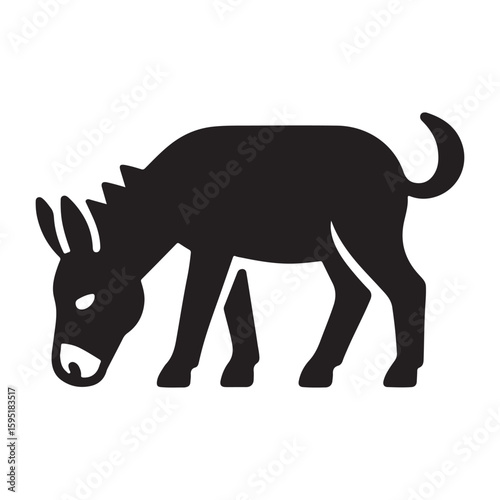 A silhouette of a donkey grazing with its head down and tail curled on a white background vector art