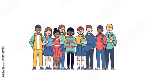 Diverse group of young students standing together holding books ready for education and learning adventures