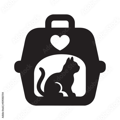 Black silhouette of a cat inside of a pet carrier with a heart shape on the top in a white background