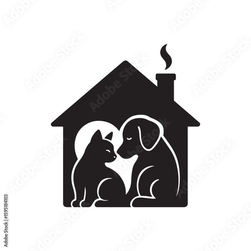 A black and white graphic of a cat and dog inside a house with a chimney and smoke coming out
