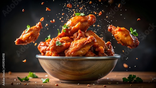 Photo of a dynamic action shot of flavorful chicken wings with a spicy glaze, tumbling into a rustic wooden bowl, with scattered herbs and seasoning creating a sense of motion