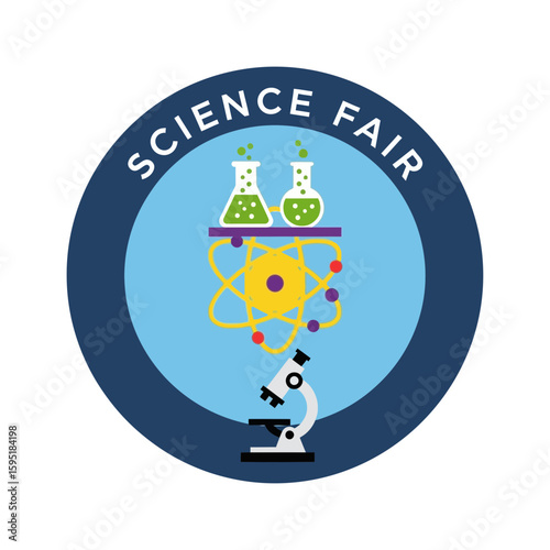 Science fair logo with beakers atom and microscope in a blue circle.