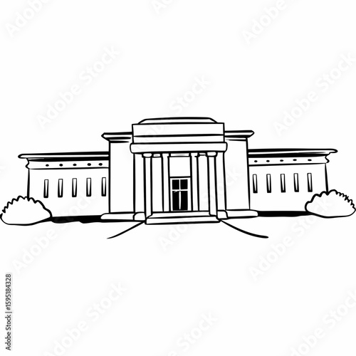 Line art of a public library building with large entrance, columns, and signage, monochrome with fine details