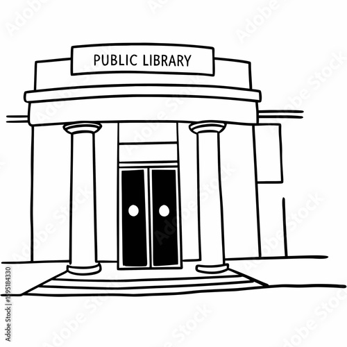 Line art of a public library building with large entrance, columns, and signage, monochrome with fine details