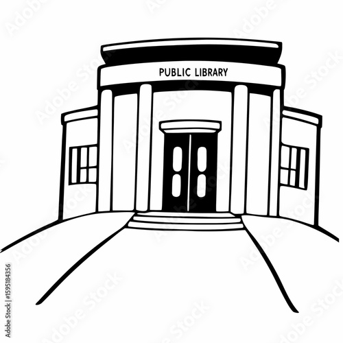 Line art of a public library building with large entrance, columns, and signage, monochrome with fine details