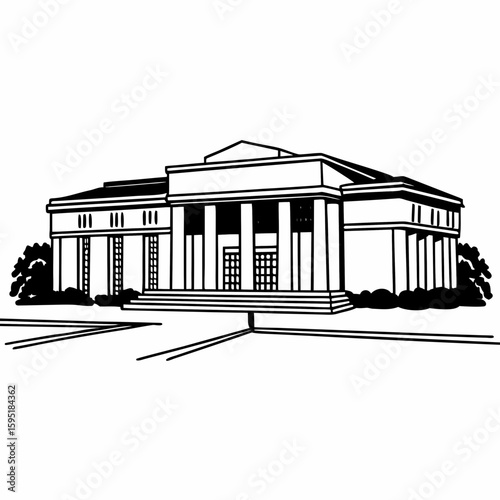 Line art of a public library building with large entrance, columns, and signage, monochrome with fine details