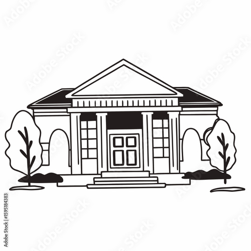 Line art of a public library building with large entrance, columns, and signage, monochrome with fine details