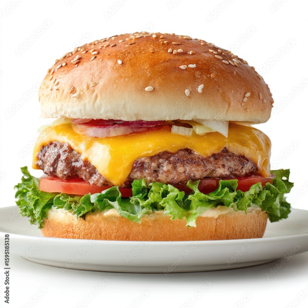 Cheese Burger on plate. Burger featuring a juicy beef patty and melted cheese. Fresh green lettuce and sesame seed bun. hamburger. Cheese Burger on plate. Burger featuring a juicy beef patty and melted cheese. Fresh green lettuce and sesame seed bun. hamburger.
